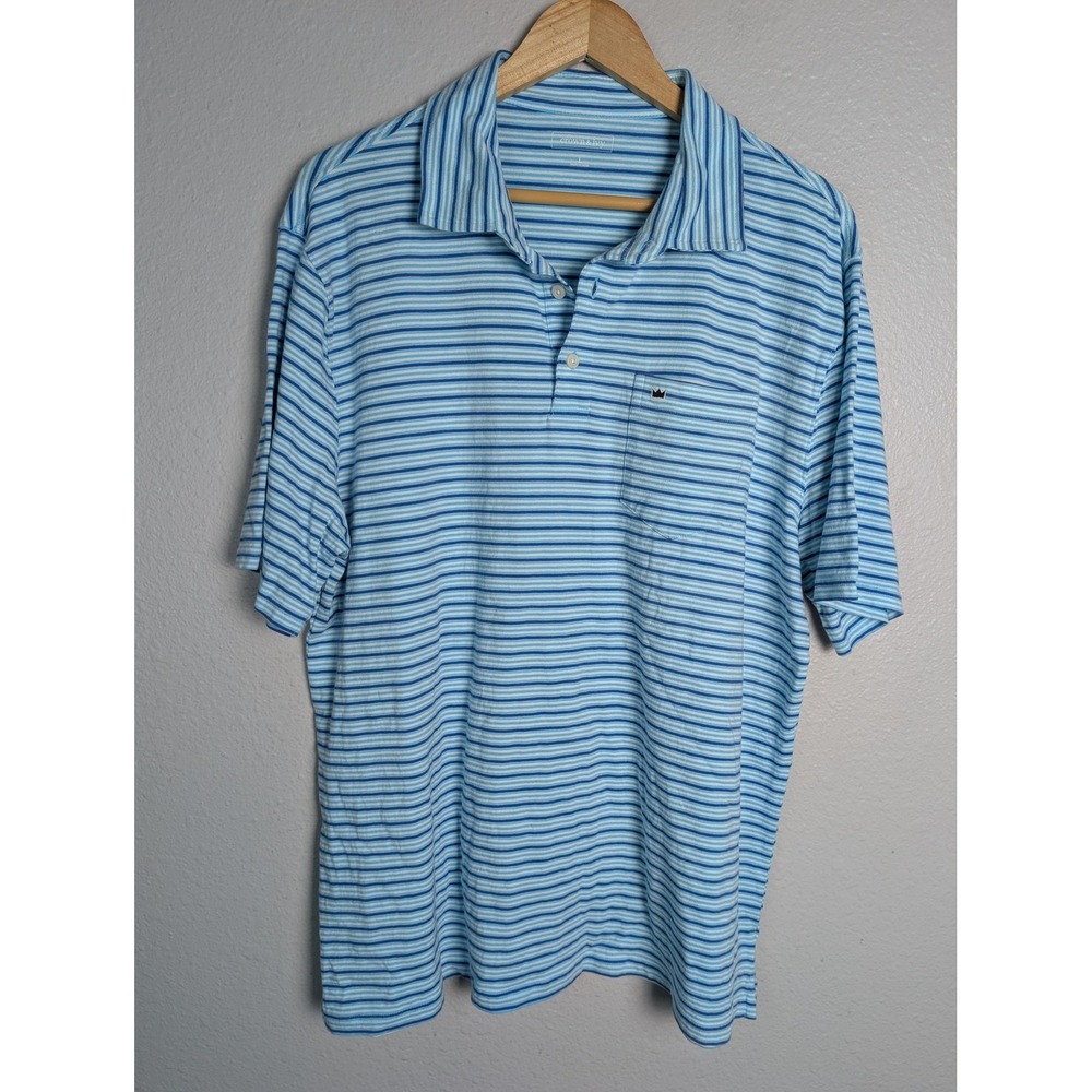 Crown & Ivy Polo Shirt Mens L‎ Blue Striped Short Sleeve Pocket Logo Cotton